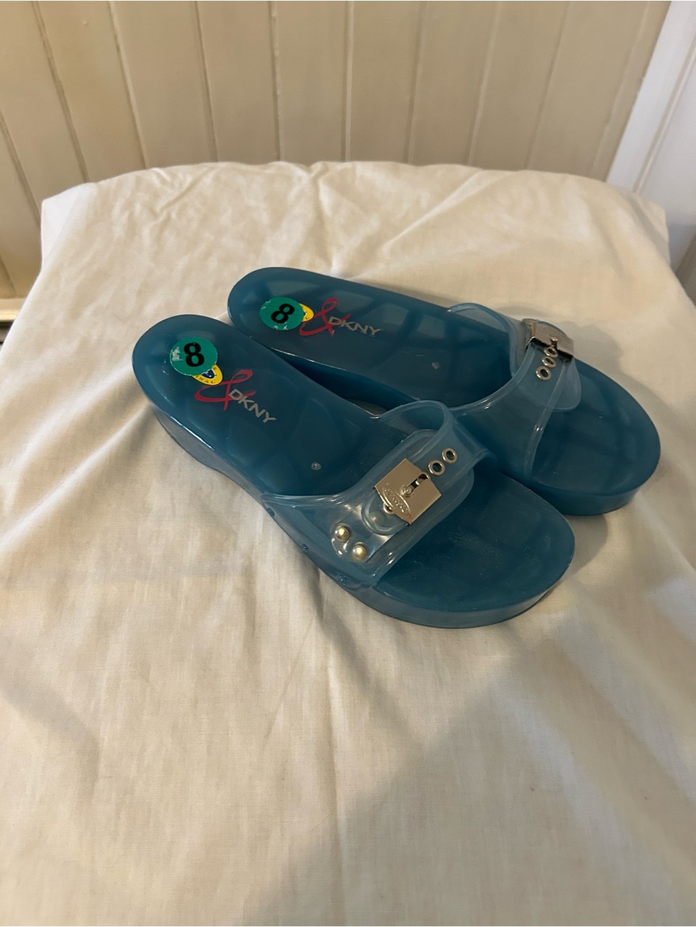 Vintage DKNY x Dr Scholl’s Jenny Blue Clear Jelly Slide Wedge Sandals/8/NWOT